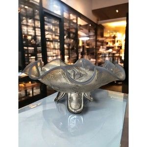 Fenton, 3 Footed, Clear Opalescent Edge Bowl, Ruffled  Bowl Weave Leaves Floral